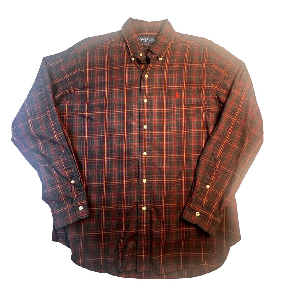 Polo Ralph Lauren Mens Large Classic Fit Plaid Button Down Shirt Red Green Pony